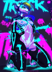 anthro athletic blacklight bodypaint breasts clothed clothing felid feline female genitals halloween holidays mammal markings messy neon nude panties panties_down pussy ryah_alayna_(togothehusker) skeleton_(marking) skydreamsparkle small_breasts solo text topless underwear underwear_down url