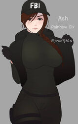 1girls anime_style ash_(rainbow_six) big_breasts black_clothes black_clothing black_eyes braid braided_hair breasts clothed clothing fbi female female_focus female_only headwear huge_breasts image large_breasts long_hair looking_at_viewer open_clothes open_shirt pale-skinned_female pants ponytail rainbow_six rainbow_six_siege red_hair shirt simple_background solid_color_background solo solo_female solo_focus tight_clothing white_skin yayongsan