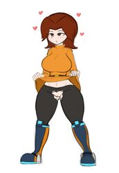 1girls 2021 big_breasts black_eyes brown_hair clothing dodo-bot female female_only half-closed_eyes heart mii mii_gunner mii_gunner_(smash_4) mob_face nintendo pussy shirt shirt_lift solo standing super_smash_bros. super_smash_bros._for_nintendo_3ds_and_wii_u thick_thighs thighs torn_clothes white_background