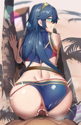 1boy 1girls absurdres alternate_costume anus ass back beach bent_over bikini bikini_aside blue_bikini blue_eyes blue_hair blue_swimsuit blush censored clenched_teeth clothed_sex clothing_aside commentary commission cum cum_in_pussy dark-skinned_male dark_skin day ejaculation eyebrows_visible_through_hair feet_out_of_frame female fire_emblem fire_emblem_awakening fire_emblem_cipher from_behind furrowed_brow hair_between_eyes highres long_blue_hair long_hair looking_at_viewer looking_back lucina_(fire_emblem) male male_pubic_hair mazenda_(3378) mosaic_censoring motion_lines nintendo outdoors overflow palm_tree penis pov pubic_hair pussy sex sex_from_behind shadow skeb_commission solo_focus steaming_body straight swimsuit symbol-shaped_pupils teeth thighs tiara tree triangular_anus vaginal_penetration