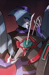 anthro antlers blindfold blurr bondage collar cybertronian dominant duo hasbro horn licking machine male male/male robot shaking shivering shockwave_(transformers) size_difference small_dom_big_sub takara_tomy teasing tongue tongue_out transformers transformers_animated unknown_artist