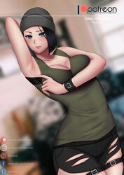 1girls armpits arms_behind_back beanie black_hair blue_eyes blush breasts clothed clothing curvaceous curvy curvy_figure cute dbd dead_by_daylight female female_focus female_only gantsuki headwear looking_at_viewer nea_karlsson patreon ripped_clothing short_hair shorts smile smiling solo solo_female solo_focus tank_top white_skin