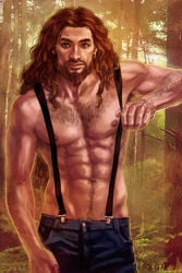 1male abs auburn_hair bara bartel beard body_hair braces cher_ro ear_piercing ear_ring facial_hair forest hazel_eyes human jeans lean_muscle long_hair_male male male_nipples male_only manly masculine mature_male muscles muscular_male pecs solo suspenders