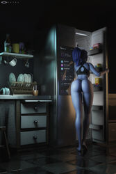 1girls 3d ass back_view big_ass blender blue_hair blue_skin female female_only fridge highres long_legs overwatch panties ponytail refrigerator solo tayra thong widowmaker