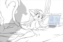 2021 anthro anus bast_(dreamkeepers) bed black-kitten black_border border bottomless breasts casual_exposure clothed clothing comic digital_media_(artwork) domestic_cat dreamkeepers felid feline felis female fur furniture genitals hair hi_res imminent_rape imminent_sex jeneviv kalei_(dreamkeepers) lilith_calah long_hair mammal midriff monochrome open_mouth pillow pussy shirt smile tank_top topwear video_call