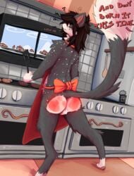 absurd_res angry anthro apron ass backsack balls burger closed_eyes clothing detailed_background domestic_cat felid feline felis food fur genitals grey_body grey_fur hamburger_bun hi_res kitchen male mammal nude pinchedkitties rear_view reddened_butt spank_marks spanking spatula tools white_balls white_butt