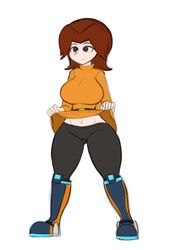 1girls 2021 big_breasts black_eyes brown_hair clothed clothing dodo-bot female female_only mii mii_gunner mii_gunner_(smash_4) mob_face nintendo shirt shirt_lift solo standing super_smash_bros. super_smash_bros._for_nintendo_3ds_and_wii_u thick_thighs thighs white_background