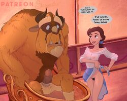 2021 anthro bath bathing beast_(disney) beauty_and_the_beast belle big_balls breasts brown_body brown_fur brown_hair clothing dialogue disney disney_princess dress duo english_text erection fangs female fur genitals hair horn human inside large_penis male male/female mammal medium_breasts monster narrow_waist nipples no_panties penis pubes pubic_hair pussy sequestro sitting skinny smile surprise testicles text thick_penis unshaved_pussy wet wet_clothing