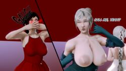 3girls breasts_out clothed comic dialogue dress exposed_breasts female_focus female_only honey_select kirinonsfw milf multiple_girls nosebleed pulling_down_dress red_background rwby sound_effects tagme text winter_schnee yuri