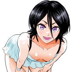 bent_over black_hair bleach blush breasts clothing collarbone colored daraz18aka down_blouse dress edit female hair_between_eyes hands_on_own_knees kuchiki_rukia looking_at_viewer open_mouth shiny_skin short_hair small_breasts solo sundress tomboy