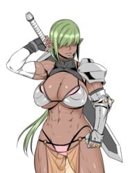 1girls 212_(kisaragi) abs arm_sleeves armor ass_visible_through_thighs asymmetrical_gloves athletic athletic_female biceps big_breasts bikini bikini_armor bra breasts cleavage dark-skinned_female dark_skin elf_female faceless faceless_female female female_focus female_only female_warrior fingerless_gloves fit fit_female gauntlets gloves green_hair hair_over_eyes holding holding_object holding_sword holding_weapon huge_breasts large_breasts loincloth looking_at_viewer muscles muscular_female obscured_eyes oc original original_character pauldron pink_bikini pink_bikini_bottom pink_bikini_top pointy_ears revealing_clothes see-through see-through_loincloth shoulder_pads simple_background solo solo_female swimsuit sword sword_on_back tan tan_body tan_skin tanned tanned_skin thong tomboy transparent_clothing warrior weapon white_background white_elbow_gloves