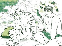 2019 4:3 abs anthro backpack balls blush closed_eyes duo eating felid fish fur genitals hi_res hiroyuki_(morenatsu) human jeck male mammal marine morenatsu muscular muscular_male nude pantherine peeping primate river sitting striped_body striped_fur stripes tiger torahiko_(morenatsu) towel video_games visual_novel