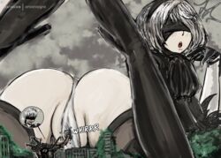 ass big_ass blindfold giant giantess headband huge_ass macro nier:_automata onioniogre white_hair yorha_2b yorha_9s