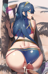 1boy 1girls absurdres after_sex after_vaginal alternate_costume anus ass back beach bent_over bikini bikini_aside blue_bikini blue_eyes blue_hair blue_swimsuit blush censored clothing_aside commentary commission cum cum_in_pussy cum_string cumdrip dark-skinned_male dark_skin day eyebrows_visible_through_hair feet_out_of_frame female fire_emblem fire_emblem_awakening fire_emblem_cipher from_behind furrowed_brow hair_between_eyes highres long_hair looking_at_viewer looking_back lucina_(fire_emblem) male mazenda_(3378) mosaic_censoring nintendo open_mouth outdoors palm_tree penis pov pussy shadow skeb_commission solo_focus steaming_body straight swimsuit symbol-shaped_pupils thighs tiara tongue tongue_out tree triangular_anus