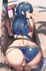 1girls absurdres after_sex after_vaginal alternate_costume anus ass back beach bent_over bikini bikini_aside blue_bikini blue_eyes blue_hair blue_swimsuit blush censored closed_mouth clothing_aside commentary commission cum cum_in_pussy cumdrip day eyebrows_visible_through_hair feet_out_of_frame female fire_emblem fire_emblem_awakening fire_emblem_cipher from_behind furrowed_brow hair_between_eyes highres long_hair looking_at_viewer looking_back lucina_(fire_emblem) lucina_(summer)_(fire_emblem) mazenda_(3378) mosaic_censoring nintendo outdoors palm_tree pov pussy shadow skeb_commission smile solo steaming_body swimsuit symbol-shaped_pupils thighs tiara tree triangular_anus