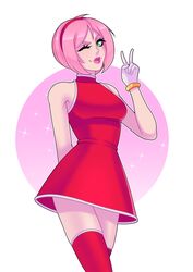 1girls amy_rose clothed clothing female fully_clothed gijinka headband humanized looking_at_viewer peace_sign pink_dress pink_hair pink_stockings sega short_hair smiling smiling_at_viewer solo sonic_(series) sonic_the_hedgehog_(series) stockings tulipsie winking winking_at_viewer