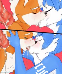 5:6 anthro bisexual bodily_fluids canid canine canis cum cum_drip cum_in_mouth cum_inside cum_kiss cum_on_face drinking drinking_cum dripping female fox fox_mccloud french_kissing genital_fluids genitals group hi_res kingchan kissing krystal male male/female mammal nintendo penis snowballing star_fox tongue tongue_out video_games wolf wolf_o'donnell