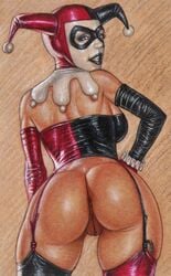 1girls anus ass bare_shoulders batman_(series) blue_eyes bubble_butt bustier busty corset dat_ass dc dc_comics edithemad elbow_gloves eyeshadow female female_focus female_only garter_belt harley_quinn harley_quinn_(classic) hourglass_figure jester_cap lipstick looking_at_viewer looking_back makeup pose posing pussy solo standing stockings tagme vagina wide_hips