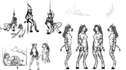 anthro black-kitten black_and_white breasts clothing dancing ear_piercing ear_ring equid equine exposed_breasts female genitals hi_res hooves jayden_(black-kitten) mammal masturbation monochrome nude penis piercing plant pole pole_dancing reading solo stripes tree zebra