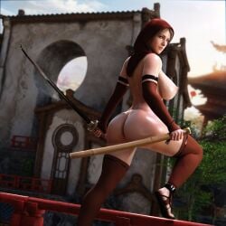 3d ass background big_breasts big_butt blonde_hair bottomless bottomless_female breasts butt feet fence hood katana leg_up looking_back nipples partially_clothed sandals scabbard sheath skyarsenic standing stirrup_legwear stirrup_socks streaking sword tagme topless topless_female