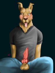 1boy 2021 3:4 anthro anthro_only balls bird_dog black_background blue_bottomwear blue_clothing blue_eyes blue_pants blush bodily_fluids bojack_horseman bottomwear brown_nose canid canine canis clothed clothing digital_drawing_(artwork) digital_media_(artwork) domestic_dog erection eyebrows fangs fur genital_fluids genitals grey_clothing grey_shirt grey_topwear hi_res hunting_dog knot kotpl27 labrador male male_only mammal mr._peanutbutter netflix nipples_through_clothes pants penis precum raised_eyebrows retriever saliva saliva_on_tongue shaded shirt shocked signature simple_background solo topwear yellow_body yellow_fur