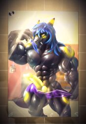 abs absurd_res anthro biceps big_muscles bottomwear bulge canid canine canis claws clothed clothing digitigrade eeveelution flexing genitals glowing glowing_genitalia glowing_penis hi_res huge_muscles hybrid male mammal mirror mirror_selfie muscular muscular_anthro muscular_male muscular_thighs nintendo nipples penis pokémon_(species) pokemon reflection rizzyofen selfie shorts solo umbreon underwear veiny_muscles video_games wolf