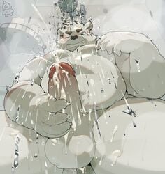 2021 absurd_res anthro balls bathing belly blush bodily_fluids cum ejaculation erection genital_fluids genitals hi_res humanoid_genitalia humanoid_hands humanoid_penis kemono male mammal masturbation moobs nipples overweight overweight_male penis piero03432812 scar solo ursid water white_body