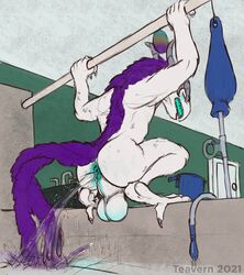 2021 ambiguous_species anthro anus ass balls closed_eyes digital_media_(artwork) enema enema_bag fur genitals hi_res horn inside male open_mouth perineum pur3 purple_body purple_fur sink solo teavern white_body white_fur