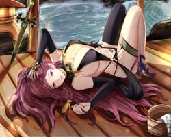 1girls ass bare_hips bare_legs bare_shoulders black_legwear black_nails black_swimsuit braid breasts bridge bucket cleavage collar commission detached_sleeves earrings female fire_emblem fire_emblem_heroes garter_belt garters hair_ornament high_heels higher_resolution_duplicate highres holding inug jewelry lantern large_breasts legs_together lips loki_(fire_emblem) long_hair looking_at_viewer lying nail_polish navel nintendo on_back open_mouth outdoors planted planted_sword pond pubic_tattoo purple_eyes purple_hair revealing_clothes river sideboob single_thighhigh slingshot_swimsuit smile solo swimsuit sword tattoo thighhighs very_long_hair violet_hair water weapon wooden_bucket