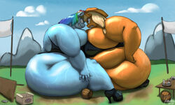 5:3 angry anthro anthrofied apbuske applejack_(mlp) better_version_at_source blonde_hair breast_squish breasts breasts_frottage duo earth_pony equid equine eye_contact female female/female food friendship_is_magic furniture hair hand_on_hip hasbro horse looking_at_another macro mammal morbidly_obese multicolored_hair my_little_pony obese obese_female outside overweight overweight_female pony rainbow_dash_(mlp) rainbow_hair sitting smooth_skin squish table yuri