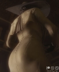 1girls 3d alcina_dimitrescu ass ass_in_dress ass_shot back back_view capcom dress goldy_3d hat milf resident_evil resident_evil_8:_village solo thick_ass viewed_from_below