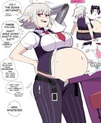 2021 clothing dana_zane english_text huge_belly julianne_stingray leaning_on_table lewdlemage va-11_hall-a vore