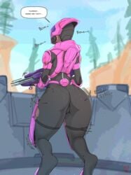 2021 absurd_res alien armor ass ass_shake big_butt bottom_heavy bouncing_butt breastplate cameltoe casual clothing dialogue english_text female female_sangheili firearm forest grey_clothing grey_helmet grey_jumpsuit grey_topwear gun halo_(series) hi_res holding_gun holding_object holding_weapon huge_butt huge_thighs humanoid humming large_ass legwear microsoft not_furry onomatopoeia outdoors pink_clothing pink_helmet pink_topwear plant plump_camel_toe purple_clothing purple_helmet purple_legwear ranged_weapon rear_view rifle roadiesky sangheili science_fiction shaking_butt skinsuit solo sound_effects speech_bubble standing text thick_thighs tight_clothing topwear tree vami'nadom video_games weapon xbox_game_studios