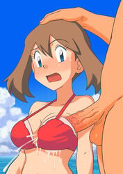 1boy 1girls balls beach big_breasts bikini bikini_top blue_eyes blush breasts brown_hair cum cum_in_clothes cum_on_breasts cum_out_bra female hand_on_head hetero large_penis may_(pokemon) medium_hair miraa_(chikurin) nintendo paizuri penis penis_on_breast penis_to_breast penis_under_another's_clothes penis_under_clothes pokemon pokemon_rse sideboob testicles uncensored upper_body veiny_penis