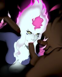 3boys :>= blowbang dark-skinned_male double_handjob evelynn fellatio interracial league_of_legends looking_at_viewer oral patnode pink_lips