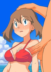 1boy 1girls balls beach big_breasts bikini bikini_top blue_eyes blush breasts brown_hair female hand_on_head large_penis may_(pokemon) medium_hair miraa_(chikurin) nintendo penis penis_to_breast penis_under_another's_clothes penis_under_clothes pokemon pokemon_rse sideboob testicles uncensored upper_body veiny_penis