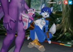 3d 3d_(artwork) 4_toes anthro anthro_on_anthro armor balls blue_body blue_fur blue_hair breasts canid canine canis clothed clothing digital_media_(artwork) duo erection feet female flapcats foot_fetish foot_play footjob footwear forest fox fur genitals hair hi_res humanoid_feet humanoid_genitalia humanoid_penis krystal lizard male male/female mammal nintendo nipples partially_clothed pawpads penis plant purple_body pussy reptile sandals scalie sex sharpclaw smile staff star_fox toes tree video_games white_body white_fur