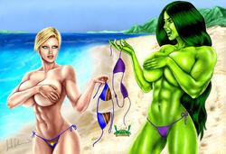 2020 2girls abs artist_name artist_signature beach big_breasts bikini bikini_bottom blonde_hair captain_marvel carol_danvers covering_breasts crab evandion female female_only green-skinned_female green_hair green_skin huge_breasts hulk_(series) large_breasts loki_(marvel) long_hair marvel marvel_comics multiple_girls muscles muscular muscular_female she-hulk short_hair thor_(series) topless veiny_muscles voluptuous voluptuous_female voyeur