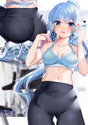 1girls ass blue_eyes blue_hair blush breasts cleavage exercise genshin_impact gym kamisato_ayaka midriff navel sports_bra sportswear squchan sweat thighs tight_clothing water water_bottle workout workout_clothes yoga_pants