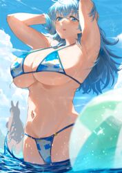 2021 2girls animal_ears armpits arms_up ass ball beachball bikini blue_eyes blue_hair blue_sky blush breasts cleavage cloud commentary_request female female_only hair_ornament highres large_breasts medium_hair multiple_girls navel neshia_(tsaqif0309) octopus_print open_mouth original round_teeth sky solo_focus swimsuit teeth underboob wading wet