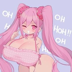 big_ass blush clarevoir cleavage donut english_text female hand_on_face huge_breasts laugh lingerie looking_at_viewer omori oppai pink_eyes pink_hair shortstack sweetheart_(omori) tagme tan_skin thick thick_thighs twintails voluptuous wide_hips wink