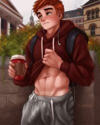 1boy abs archie_andrews archie_comics athletic backpack bludwing blush blushing brown_hair bulge clothed clothing coffee_cup digital_media_(artwork) earphones embarrassed fit freckles green_eyes half-erect happy_trail hi_res holding_object hoodie human humanoid in-ear_earphones light-skinned_male light_skin looking_away male male_only muscular muscular_male navel outside penis penis_outline penis_under_clothes pubic_hair public shirt_lift shirt_up short_hair showing_off signature solo solo_focus standing student sweatpants sweatshirt university