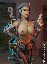 1girls 3d 3d_(artwork) apex_legends areolae arms_dealer_loba beret braid braided_hair breasts female female_only francis_brown gun lipstick loba_(apex_legends) makeup nipples pistol scouter solo tactical_gear tattoo tinted_eyewear topless yellow-tinted_eyewear