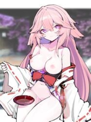 barely_clothed breasts error1980 fox_ears fox_envoy genshin_impact large_breasts nipples pink_hair purple_eyes thick_thighs thighs yae_miko