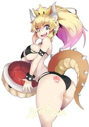 2019 artist_signature ass ass_tattoo bikini blank_background blonde_hair blue_eyes bowser_logo bowser_tattoo bowsette bracelet branding_mark collar cute earrings genderswap_(mtf) holding_object horn hotvr humanized long_hair mario_(series) new_super_mario_bros._u_deluxe nintendo pale-skinned_female pale_skin pointy_ears ponytail rule_63 shell spiked_bracelet spiked_collar spiked_tail super_crown tail tattoo tattoo_on_butt turtle_shell white_background