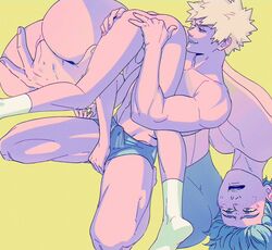 2boys anal_fingering barefoot biting_lip biting_own_lip blonde_hair bulge bulge_through_clothing erection erection_under_clothes feet fingering fingers_in_ass gay genitals green_hair hanging_upside_down izuku_midoriya katsuki_bakugou koispit limited_palette male male/male male_only my_hero_academia over_shoulder penis socks spiky_hair underwear upside-down yaoi