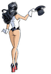 1girls bare_legs clemcyza dc dc_comics facing_away female female_only high_heels holding_hat long_legs magician no_pants solo straight_hair zatanna