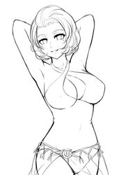 1girls alternate_costume arms_behind_head beauty_mark cleavage cleavage_cutout commission covered_nipples fire_emblem fire_emblem:_three_houses grin large_breasts lewdlilies looking_at_viewer manuela_casagranda mole mole_under_eye navel nintendo nipple_bulge one-piece_swimsuit pose sarong see-through short_hair sketch smile solo swimsuit