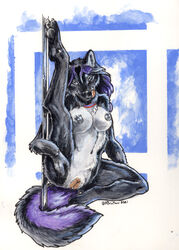 2021 abstract_background anthro black_body black_fur bracelet breasts canid canine canis collarbone dancing female fur genitals heather_bruton jewelry licking licking_lips looking_aside mammal nude pawpads pole pole_dancing pussy raised_leg solo tongue tongue_out traditional_media_(artwork) wolf