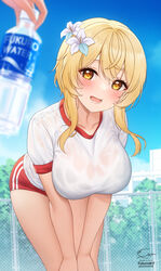 bending_over blonde_hair bloomers buruma fukuro_ko_(greentea) genshin_impact gym_shorts gym_uniform hachifuku lumine_(genshin_impact) water_bottle yellow_eyes